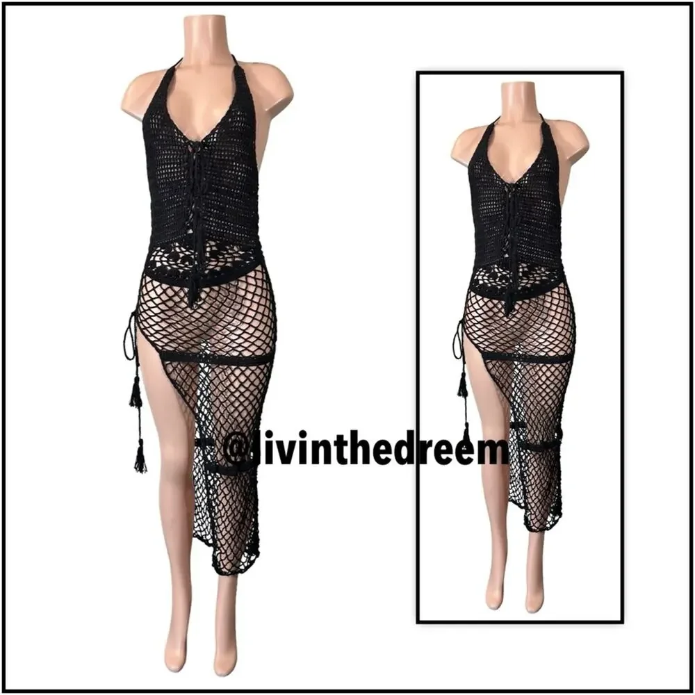 Frankies Bikinis Black Crochet Sunrise Cover Up Dress SZ L $250